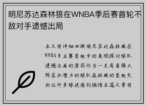 明尼苏达森林狼在WNBA季后赛首轮不敌对手遗憾出局