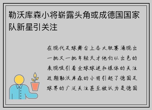 勒沃库森小将崭露头角或成德国国家队新星引关注