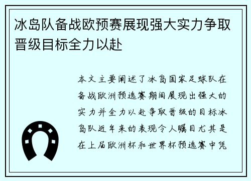 冰岛队备战欧预赛展现强大实力争取晋级目标全力以赴